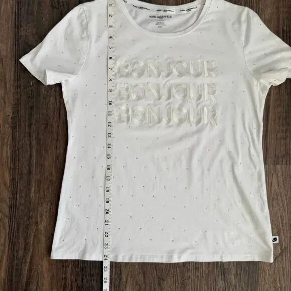 Karl Lagerfeld Paris Women's Embellished Bonjour T-Shirt in White Size Medium - Picture 10 of 11